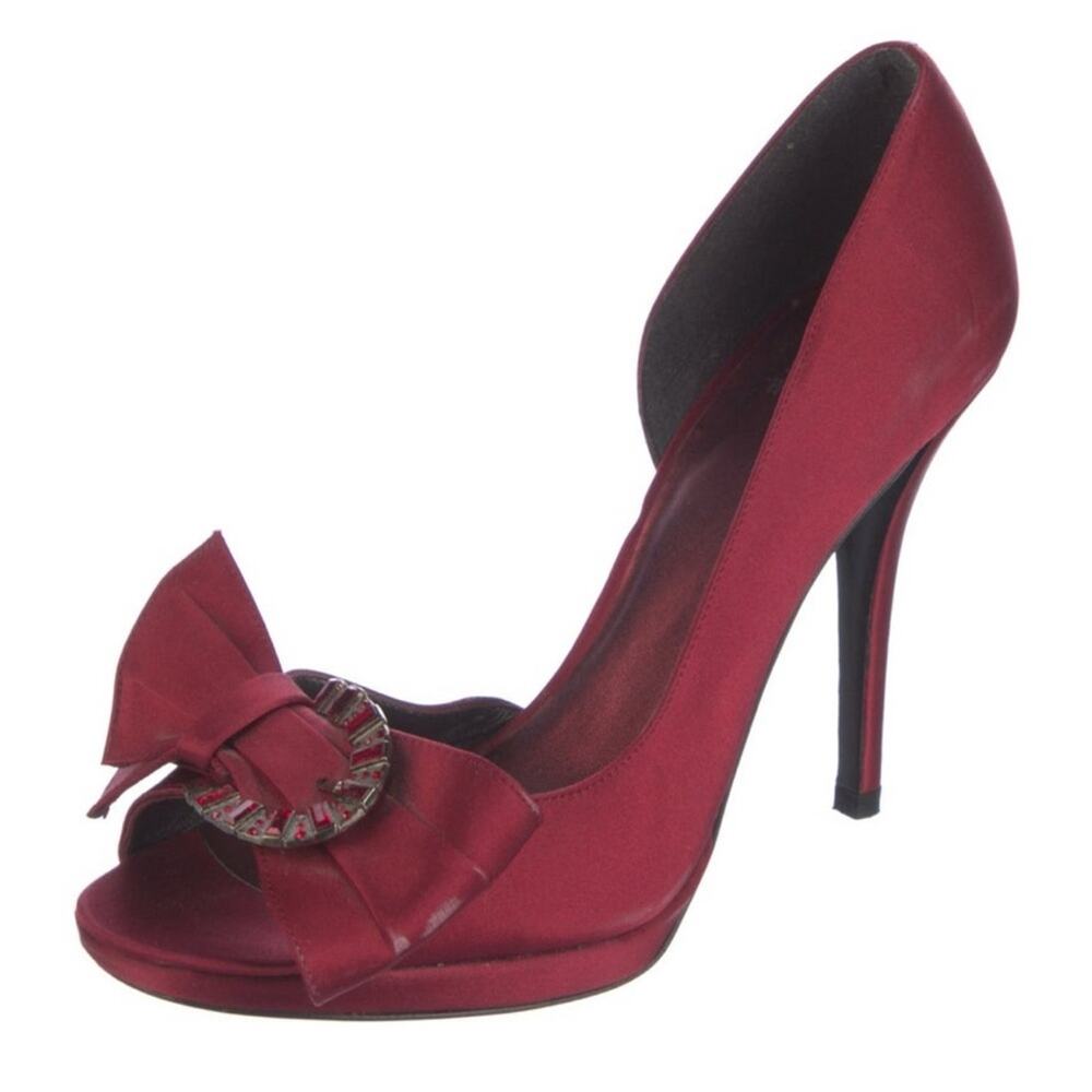 Stuart Weitzman Red-Burgundy d’Orsay Stiletto Heels Rhinestone Bow Size 7